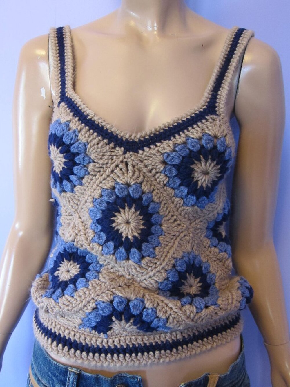 Vintage 70s GRANNY SQUARE CROCHET  VEST BLUE & BROWN BOHO HIPPIE FESTIVAL